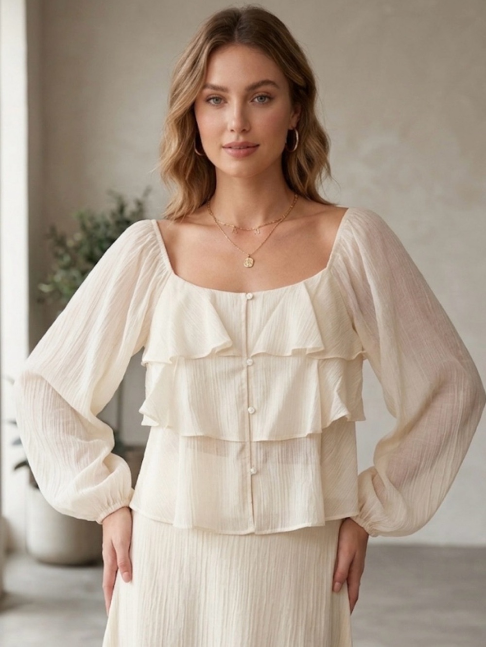 Women's Cream Ruffle Button-Front Blouse